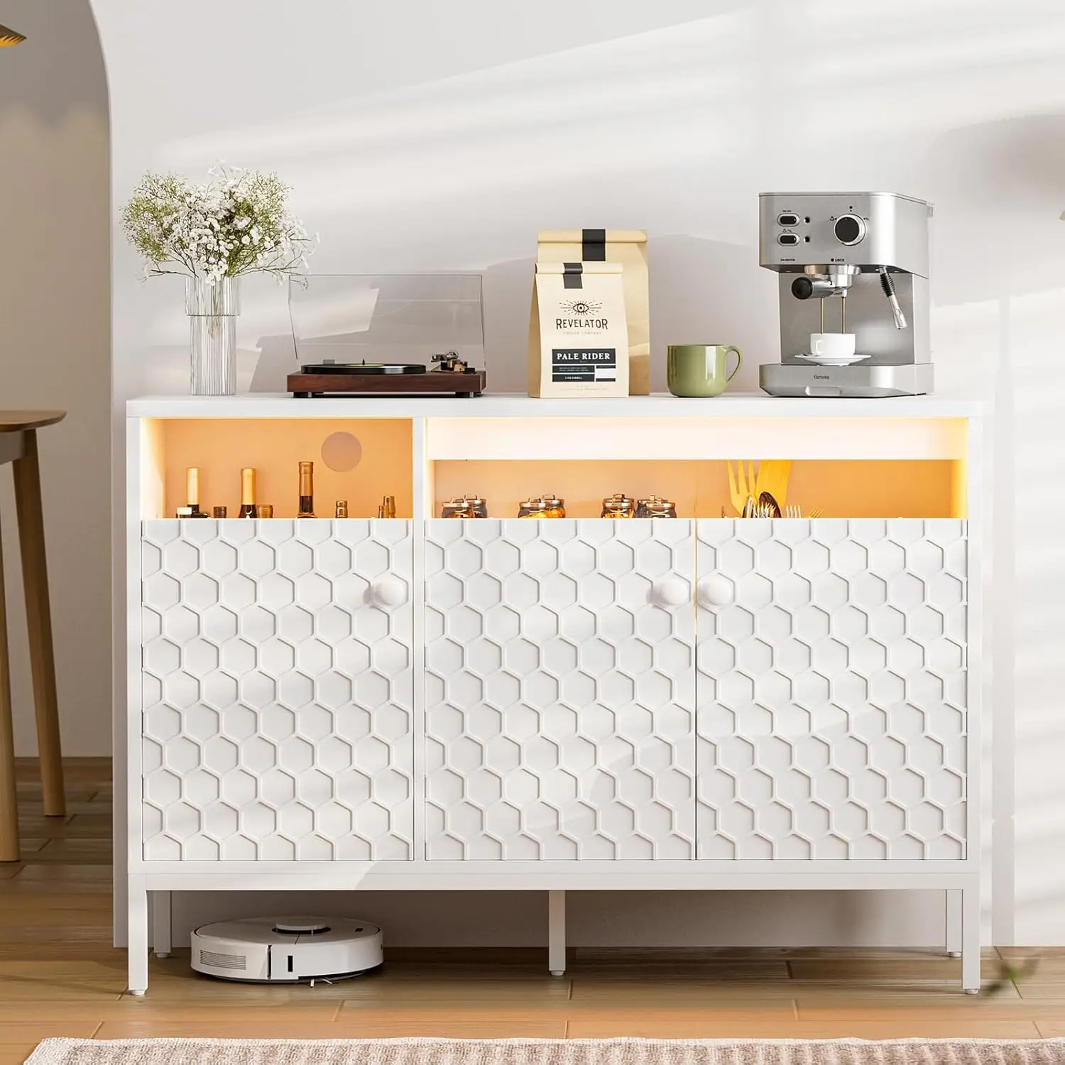 

Modern Sideboard Cabinet with Storage, Buffet Cabinet with LED Light & Power Outlet, Accent Table with 3 Doors and Adj