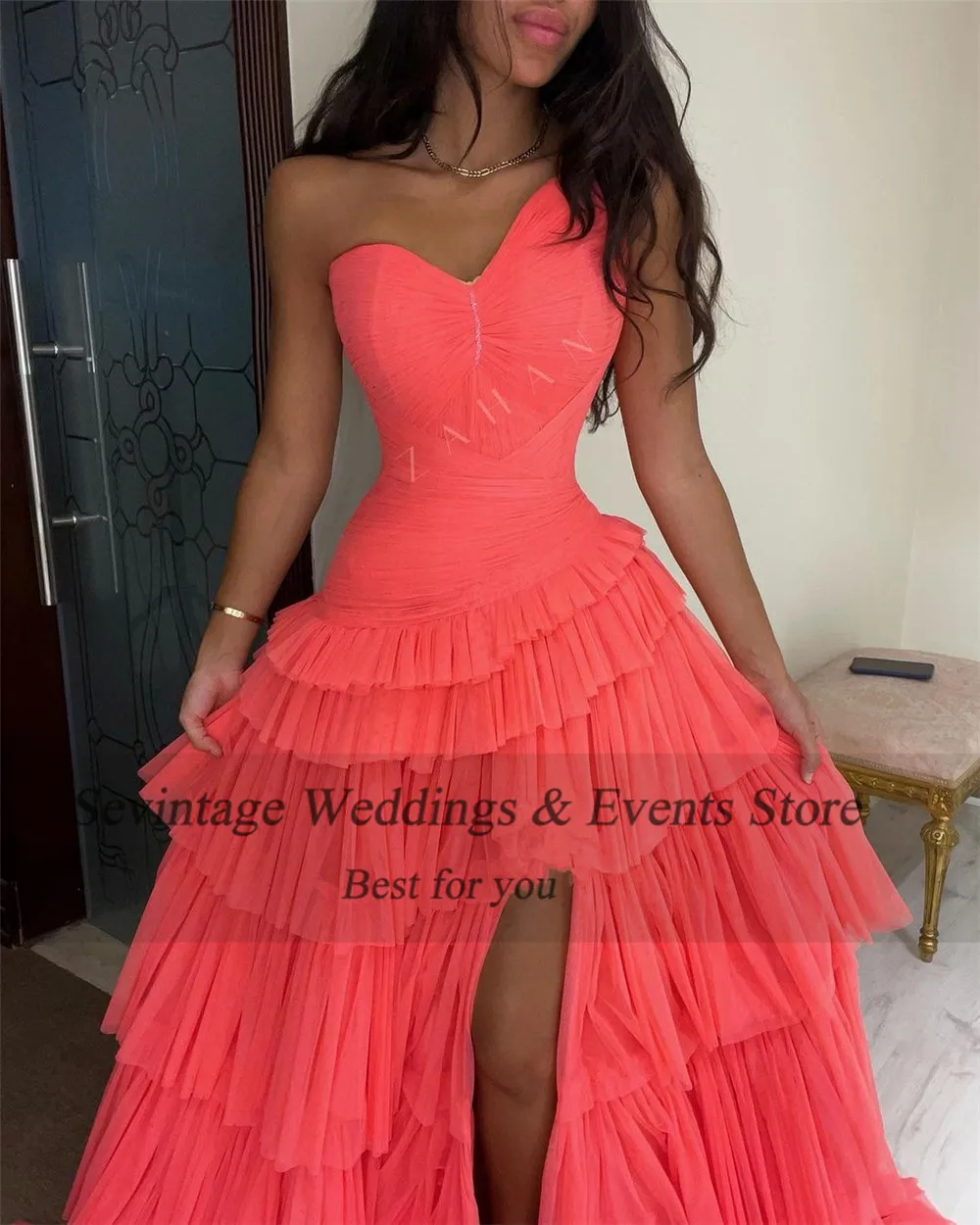 Sevintage Customized Blush Pink Arabic Prom Dress Pleated Tiered Mid Slit  Evening Gown Formal Women Occasion Party Dresses 2023