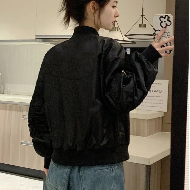 Loose Female Baseball Aviator Coats Black Zip-up Women's Bomber Jackets Long Sleeve High Quality Korean Reviews Clothes Elegant