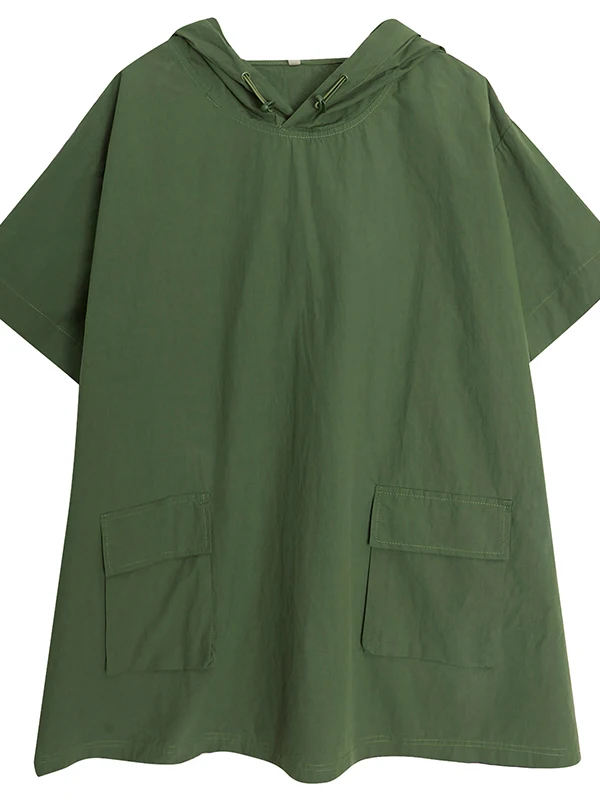 Summer New Loose Fit Hoodie Women's T-irt Patchwork ket Pure Color Hooded Casual Workwear Sweatirt Mid-Length Sve