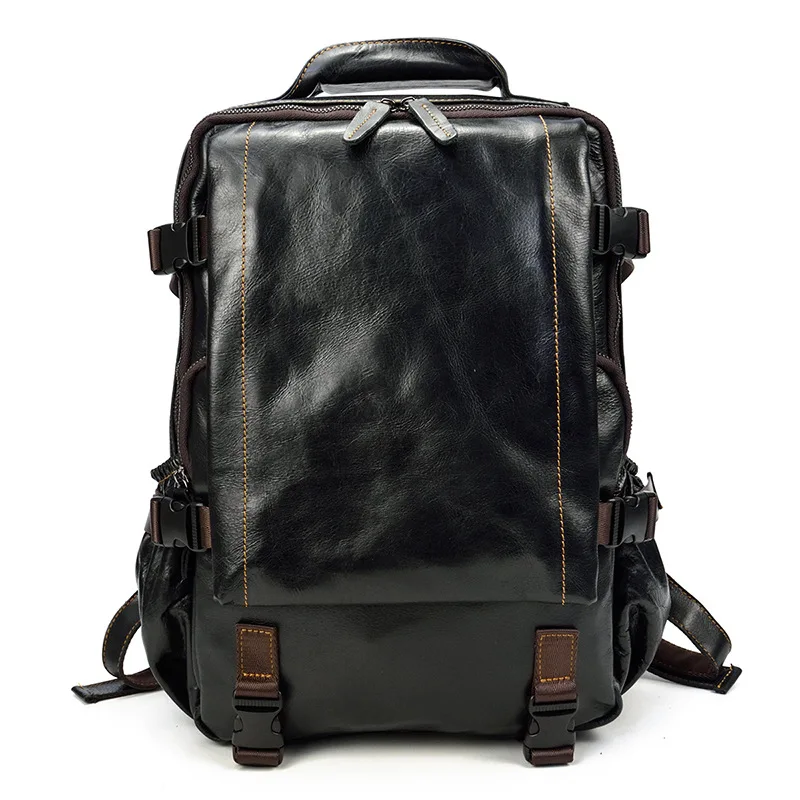 

Men's bag leather men's double backpack fashionable retro 15.6 inch computer backpack travel bag versatile model