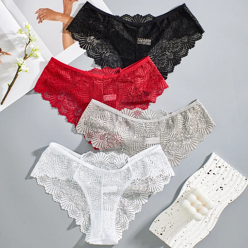 4pcs Fashion Sexy Panties Comfortable Briefs Exquisite Crotchless Shorts Solid Lingerie Sexy Lace Hollow Out Underwear Women