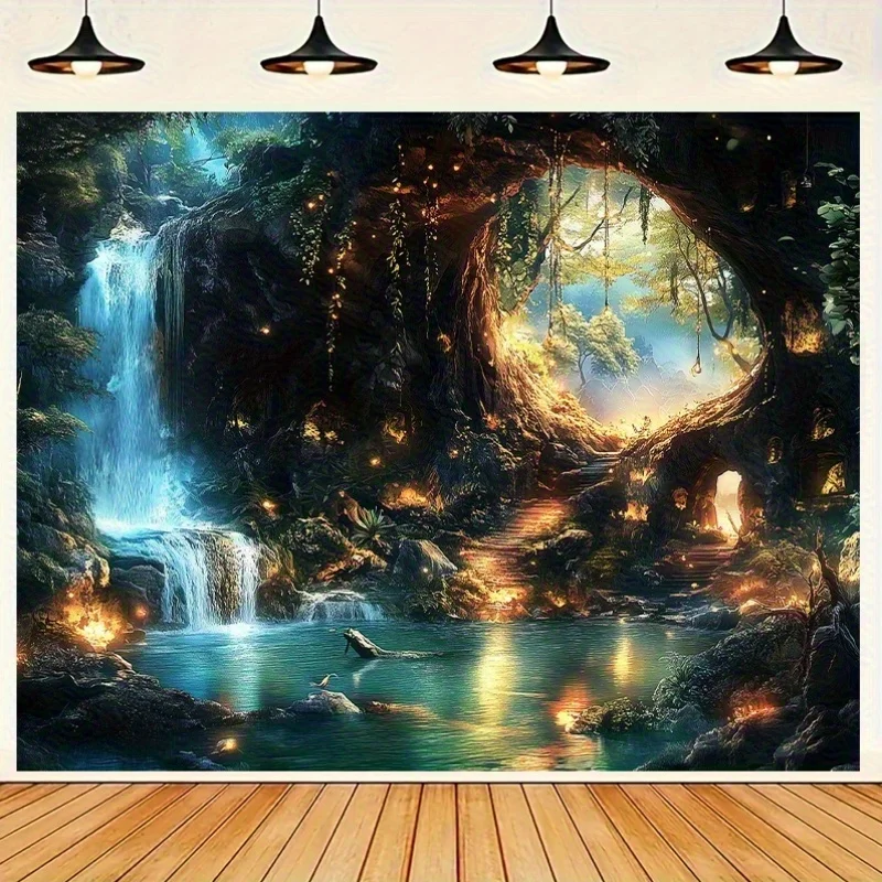 1pc enchanted forest waterfall cave tapestry mystical woodland stream glowing lights fantasy