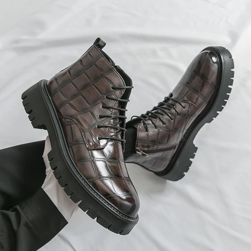 

Autumn Fashion Brand Men Crocodile Leather Short Boots High-quality Lace Up Height Increasing Thick Soled High Top Leather Shoes
