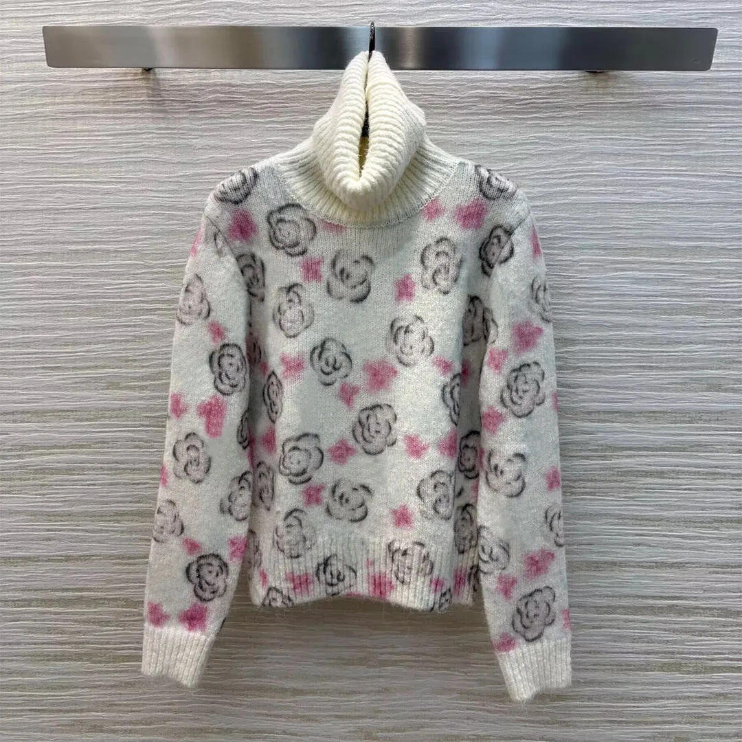 New Fashion Wool Mohair Blends Runway Tie-dyed Floral Print Knitted Pullover Women Turtleneck Long Sleeve Sweet Casual Sweater