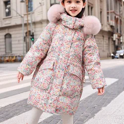 2024 New Girls White Duck Down Jacket Winter Coats Children Clothes Hooded Windbreaker Coat Floral Print Version Style Outerwear