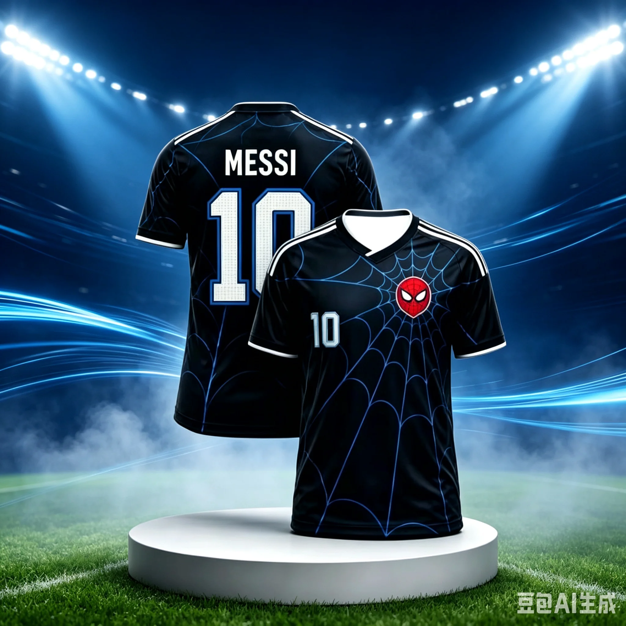 2026 Family Matching Replica Soccer Jersey, Black Blue Web‑Pattern Number 10 Print Short‑Sleeve Mesh Sport Top for Adult Kids