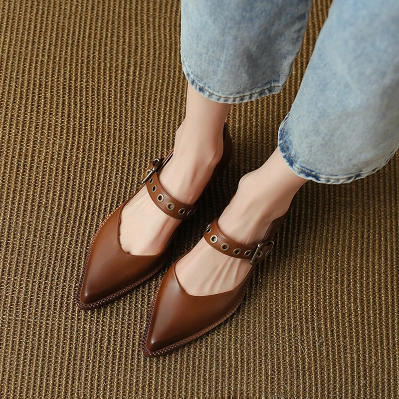 NEW Spring/Autumn Women Pumps Split Leather Shoes for Women Pointed Toe Chunky Shoes Mid-Heel Mary Janes Retro Belt Buckle Shoes