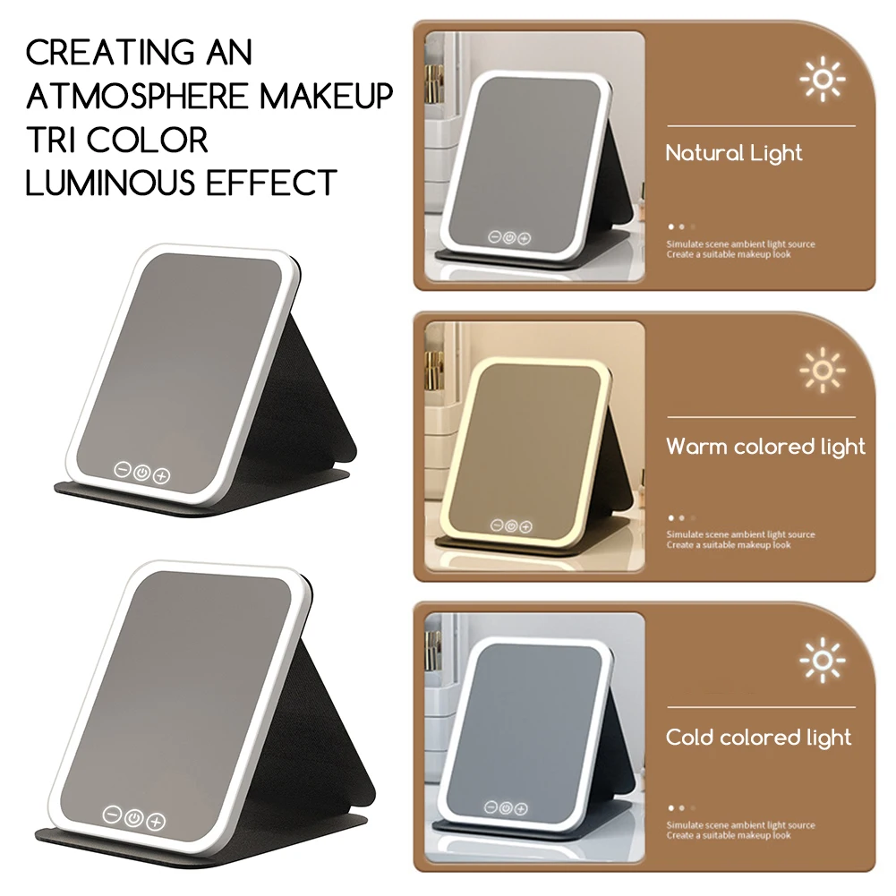 3-kleuren dimbare LED-make-upspiegel met touchscreen Opvouwbare cosmetische make-upspiegel Oplaadbaar tafelblad voor reizen en thuisgebruik