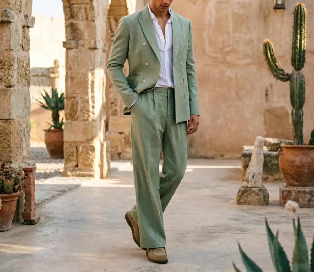 Sage Green Linen Men Suits Relaxed Double Breasted 2 Pieces Breathable Wedding Guest Outfit Blazer Pants Set Summer Formal Wear