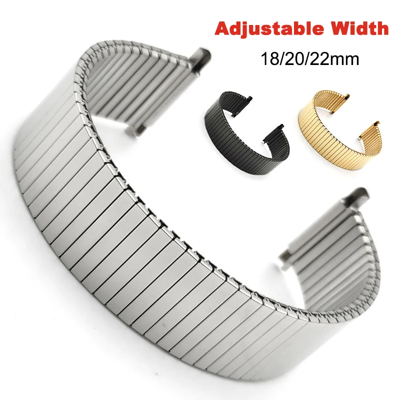 18/20/22mm Stainless Steel Strap Stretch Expansion Metal Wrist Band Elastic Watchband Adjustable Width Brushed Polished Bracelet