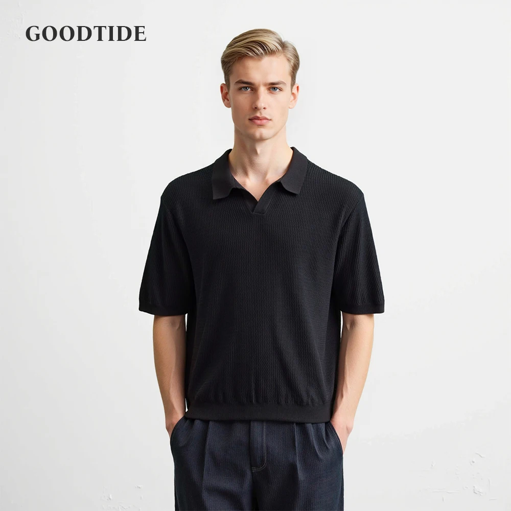 Summer Thin Knitted Polo Shirt Casual Short Sleeve Men's Loose Fit Top Vintage Wave Texture Loose Comfortable Summer Wear