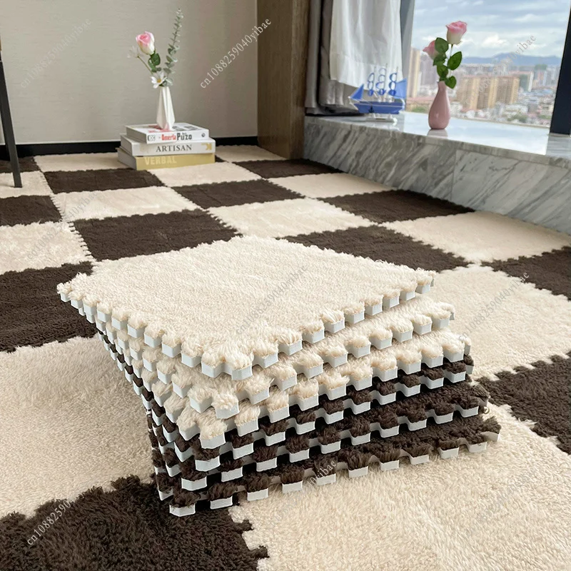 9Pcs 30x30x1CM of Soft Floor Mat Suede Anti-skid Carpet Bedroom Floor Mat Plush Patchwork Carpet Rug 90x90xCM(After Splicing)