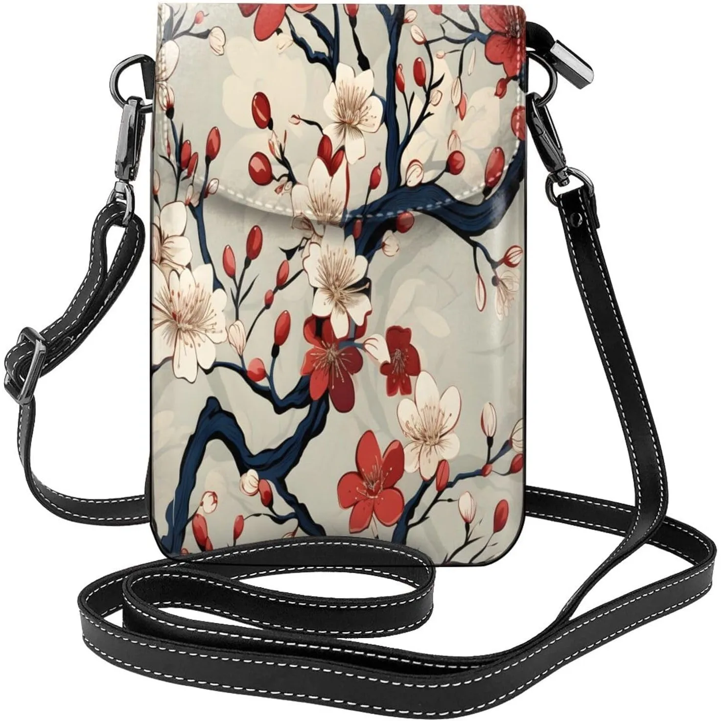

Leather Crossbody Bag For Women, Japan Cherry Blossoms Flowers Small Cell Phone Purse Mini Shoulder Phone Bag Wallet