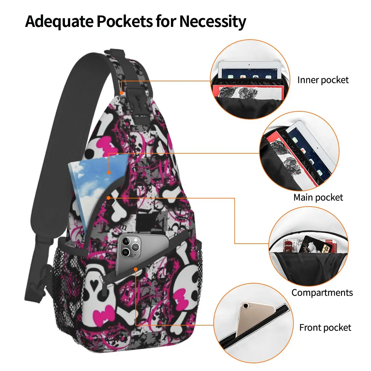 Gothic Pink Skull Crossbody Sling Bags Cool Chest Bag Shoulder Mochila Daypack para caminhadas Travel Camping Pack