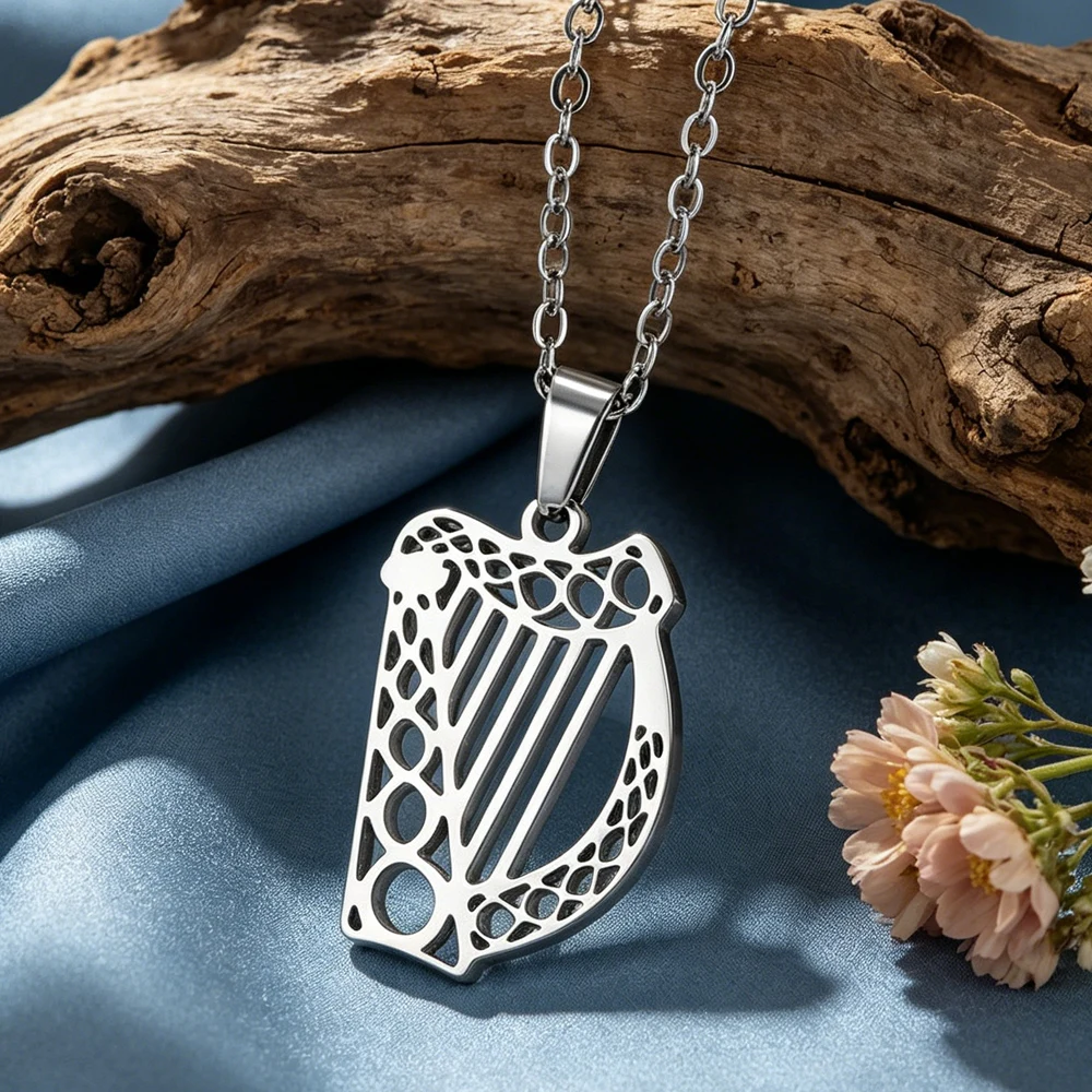 Irish Harp Necklace Music Lover Pendant Hollow Celtics Knot Good Luck Symbol Stainless Steel Minimalist Jewelry
