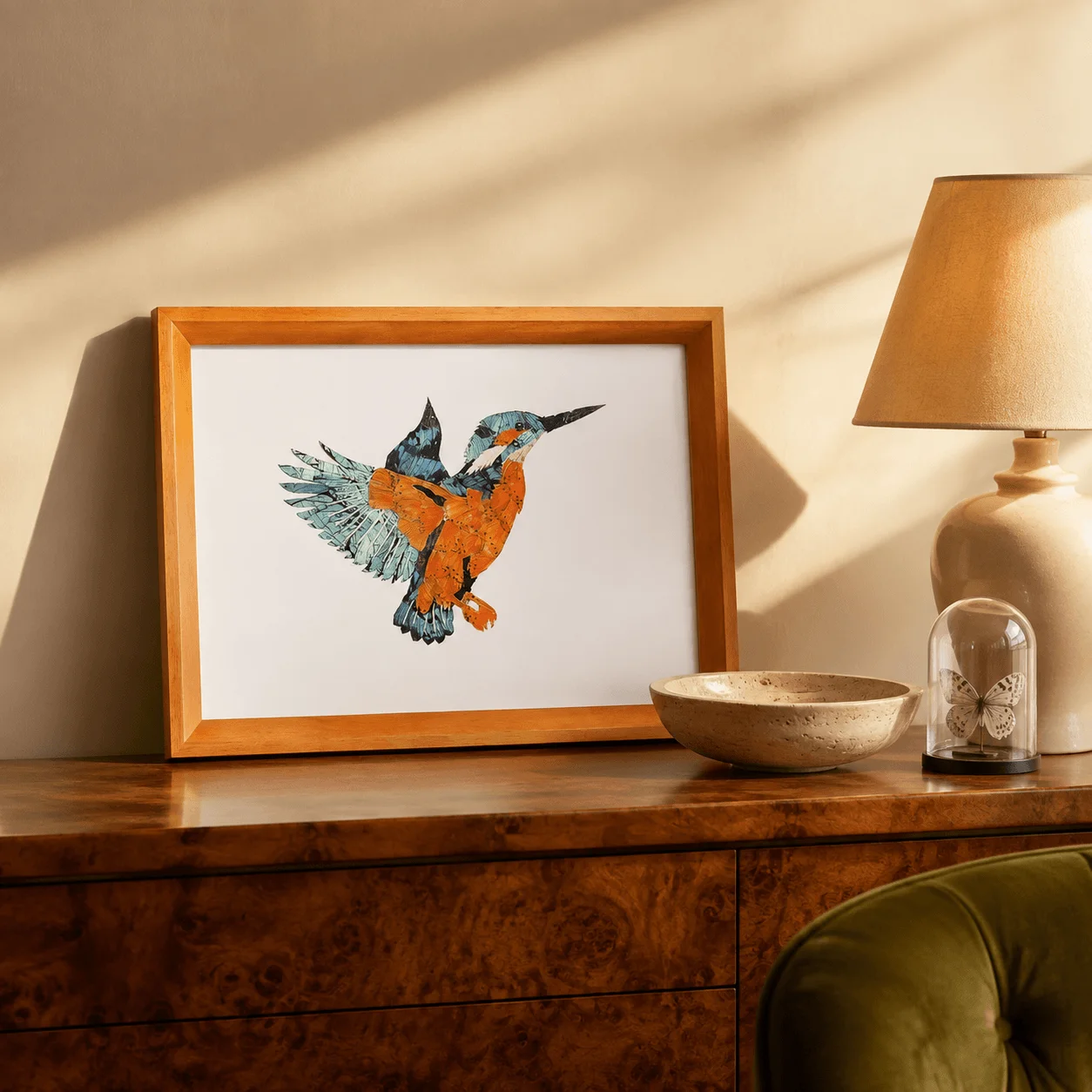 Framed Kingfisher Butterfly Wing Art, Handmade Iridescent Wing Collage Wall Decor, Dual?use Wall Hanging & Table Display Artwork