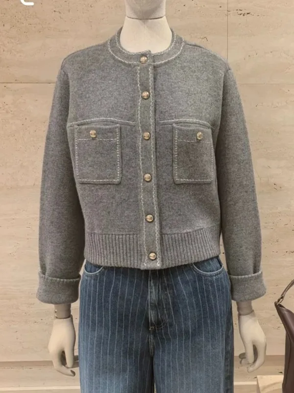 Versão sofisticada europeia Sle malha longa Sve redonda Ne ey Camere Cardigan aberto outono inverno feminino Faion Clas...