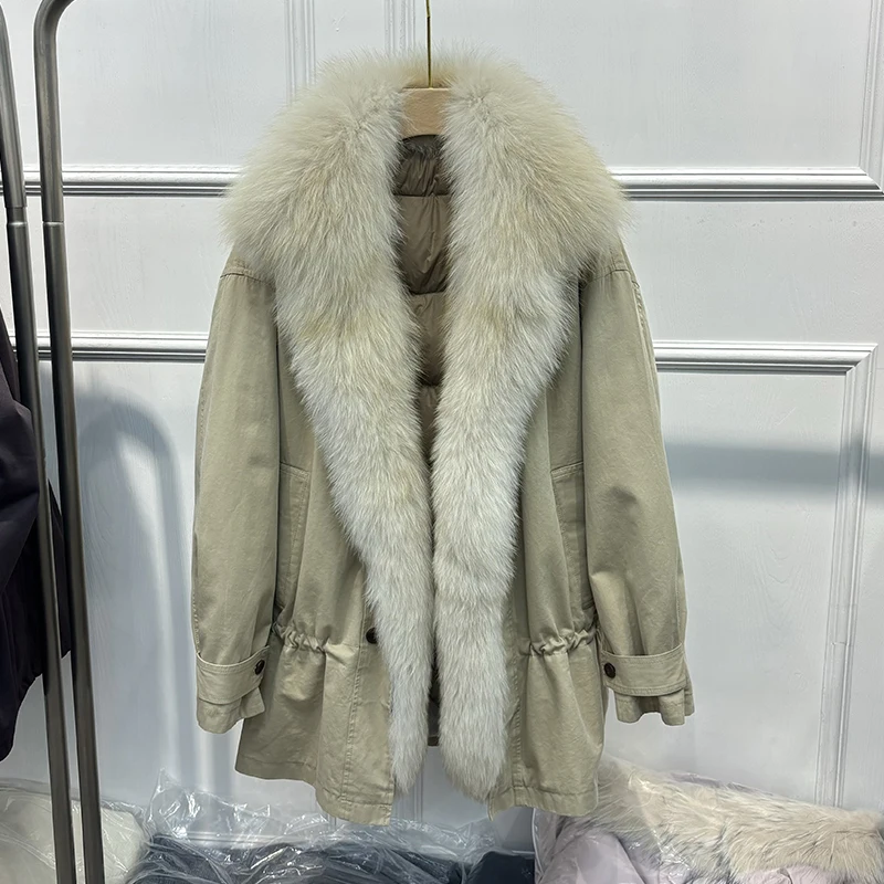 2026 Winter Women Removable Real Fox Fur Collar Parka Warm 90% Goose Down Jacket Loose Thick Windproof Parka Coats