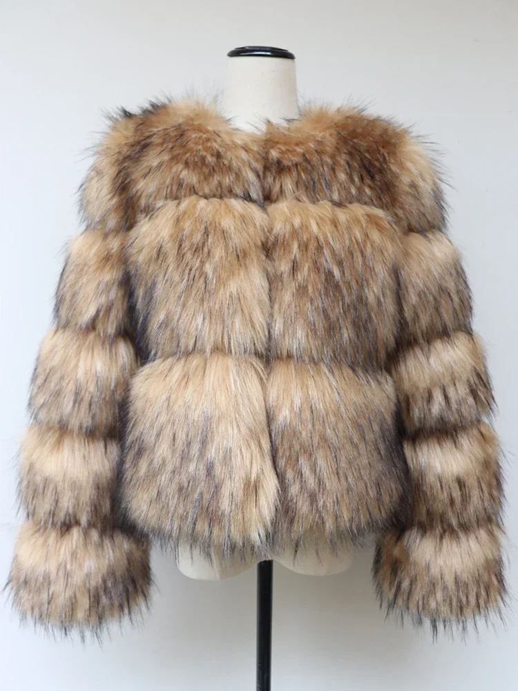 Winter Women Fashion Faux Raccoon Fur Coat Luxury Short Fluffy Fur Jacket Outerwear Women Fuzzy Coat Overcoat