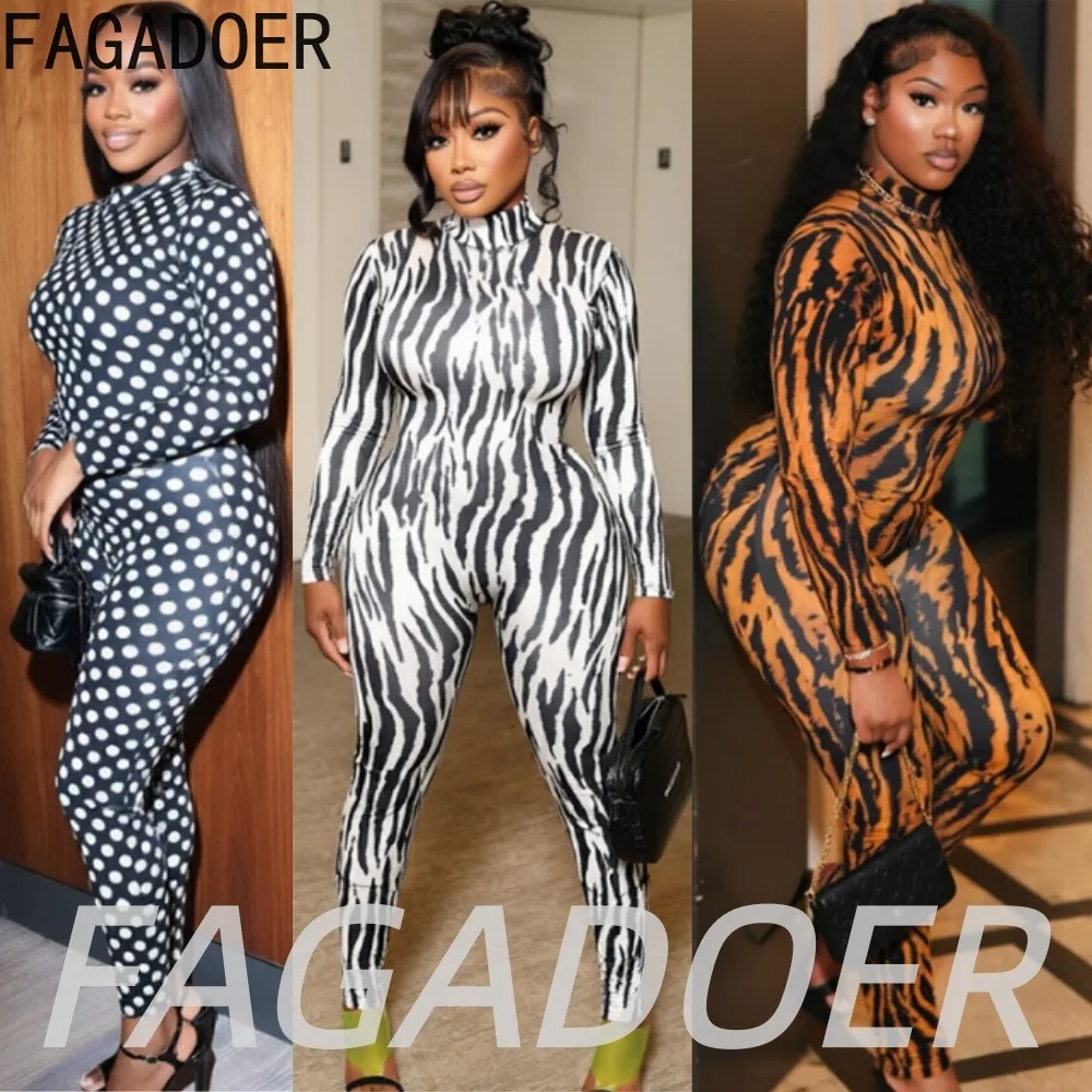 FAGADOER Women Fashion Tiger Striped Bodycon Jumpsuits Sexy Polka Dot Print High Neck Long Sleeves Back Hollow Out Rompers New