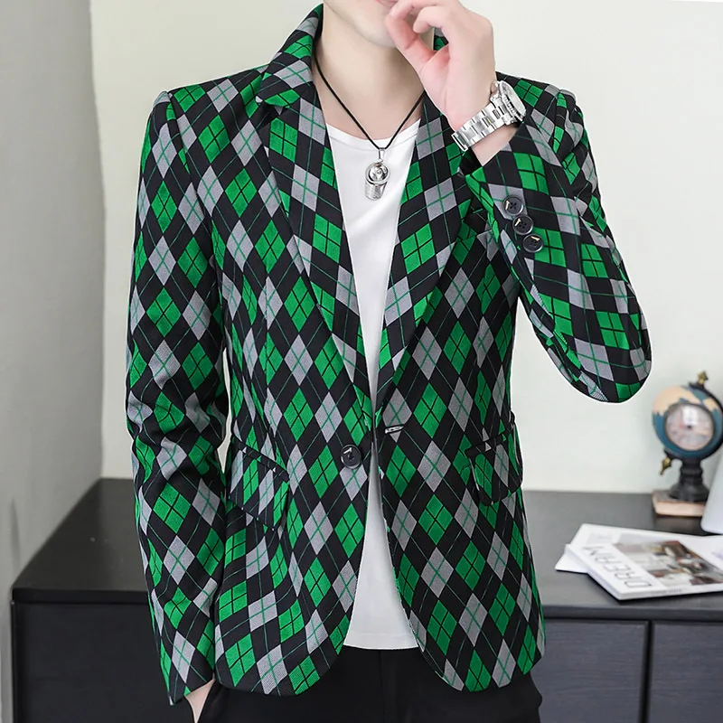 

HOO 2023 Men's Autumn New Long Sleeve Plaid Printed blazer Youth Handsome Fashion Leisure blazer