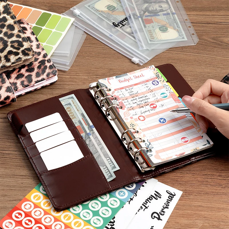 【A6 PU Leather Budget Binder Notebook Cash Envelopes System Set With Binder Pockets For Money Budget Saving Bill Organizer】