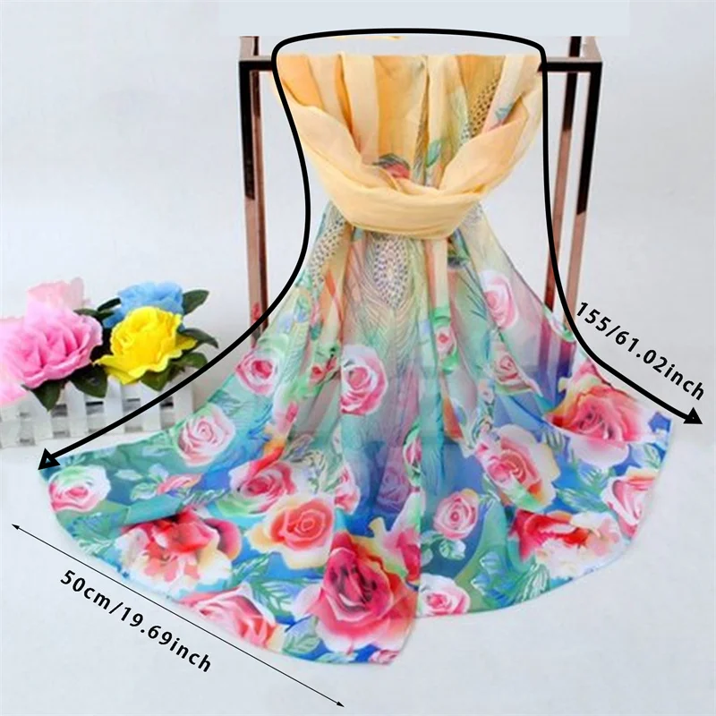 Summer Silk Scarf New Product Fashion Retro Peacock Feather Rose Chiffon Long Versatile High End Small Popular Lady Wedding Gift