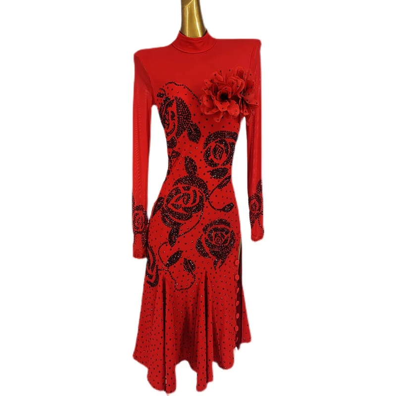 2022 Red Rose Latin Dance Dress Women Performance Costume Rhinestone Long Sleeves Dress Ballroom Dance Competition Wear BL8654