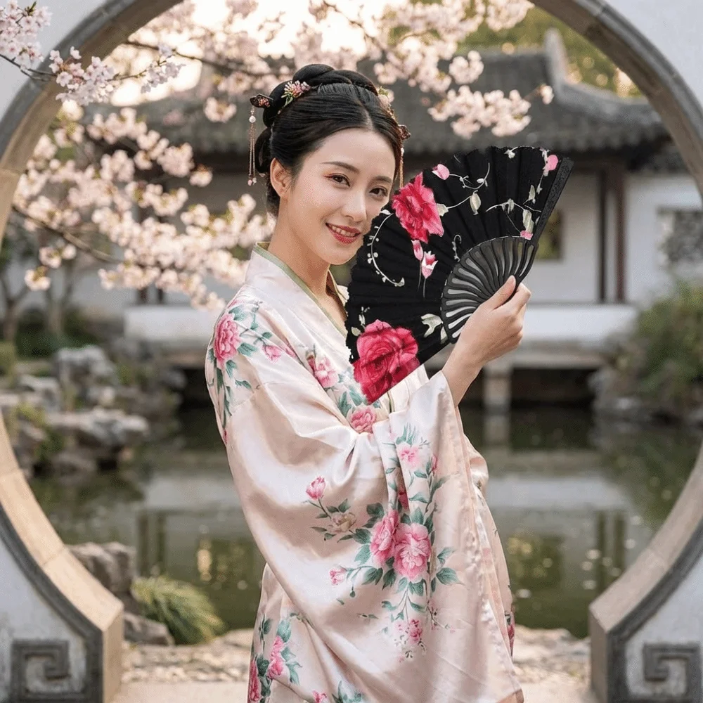 Portable Plastic Rod Folding Fan Decorative with Fan Ring Cloth Hand Fan Hollow Flower Handheld Fan Hanfu Accessories