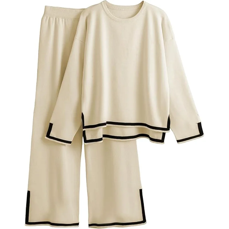 

Роскошный вязаный комплект для отдыха с цветными блоками и раздельными рукавами, комплект из двух предметов, брюки с ультра высокой талией, топ с длинными рукавами и боковым разрезом