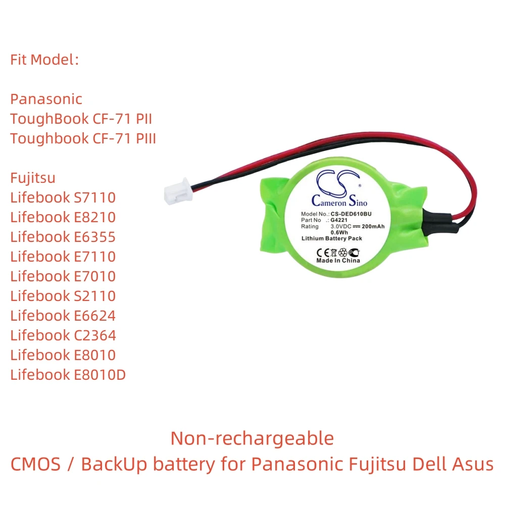 

Non-rechargeable Lithium Battery for Panasonic Fujitsu DELL AsusCMOS / BackUp.3.0V,200mAh,ToughBook CF-71 PII Lifebook S7110