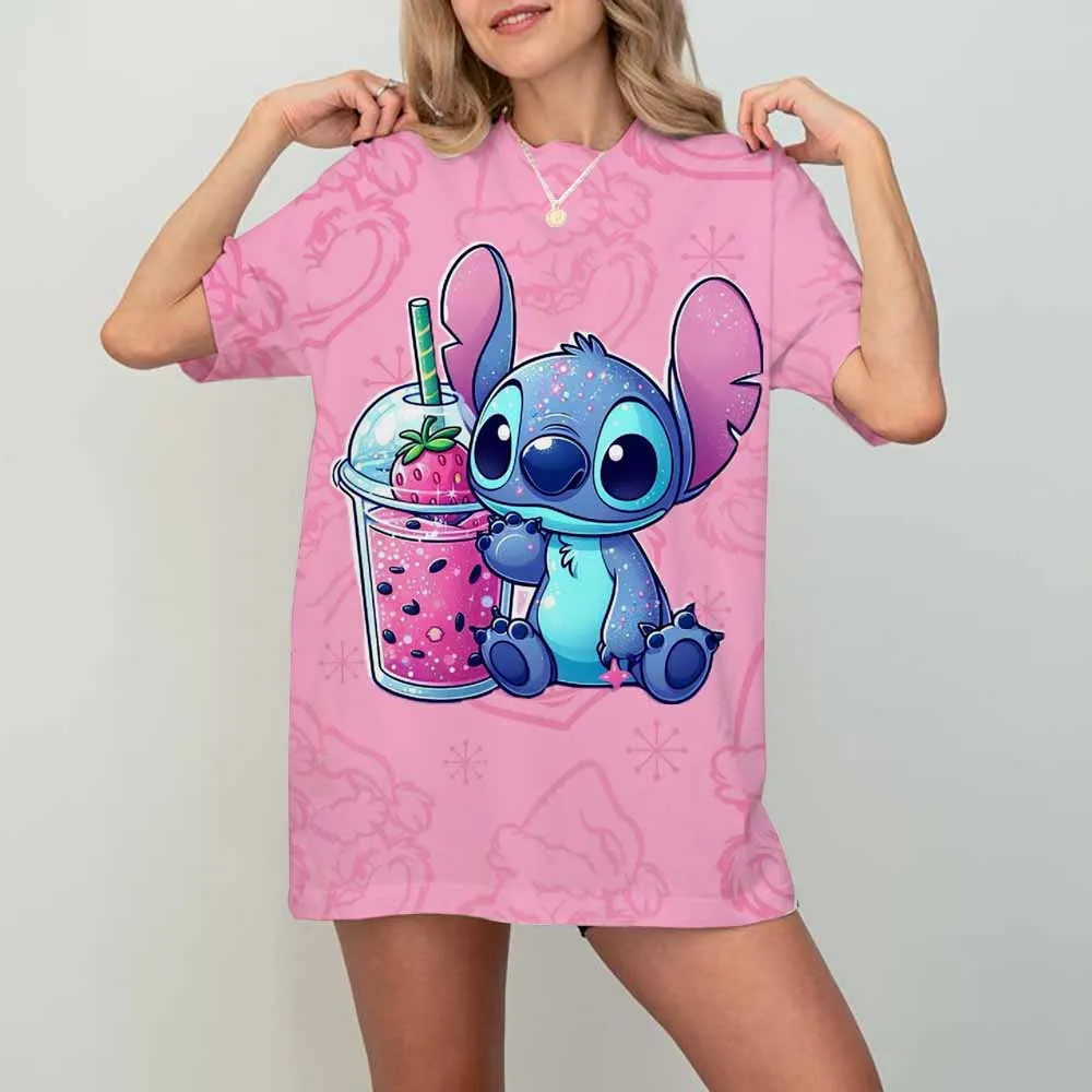 

Disney New Fashion Female Clothing Cartoon 2025 Stitch Women's T-shirt Summer Short Sleeve Black Tops