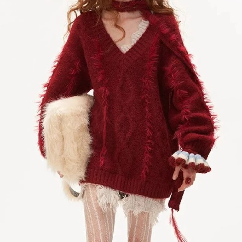 

Свитер с закрученным ремешком на шее, осень-зима 2021, свободный женский свитер с ленивым ветром