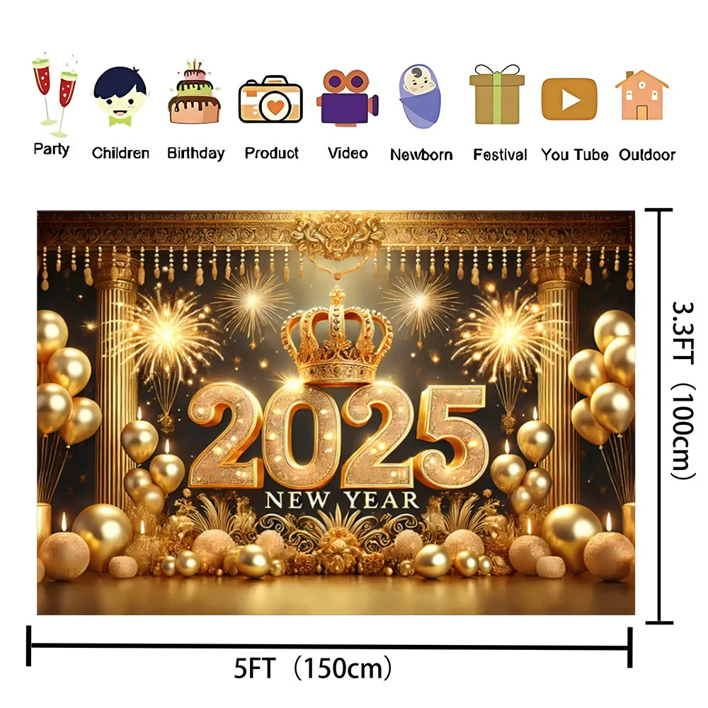 Happy New Year Backdrop Banner Champagne Fireworks Scattered Scene 2025New Year Decorations Family Party Background Photo Studio