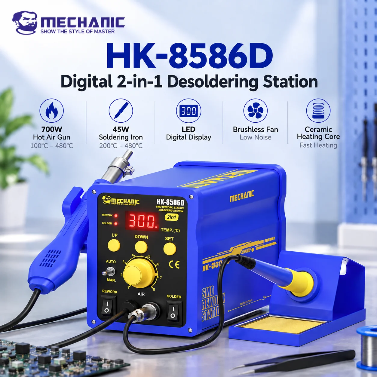 MECHANIC HK-8586D 2-in-1 Hot Air Rework Soldering Station 740W 100-480°C LED Display Auto Sleep for Phone PCB BGA IC Repair Tool