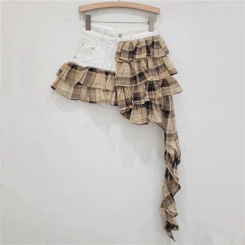 Design Sense Spice Girl Denim Splicing Short Fashion Versatile Irregular Cake Skirt Summer New Chiffon Skirt Women's Tide Skirts