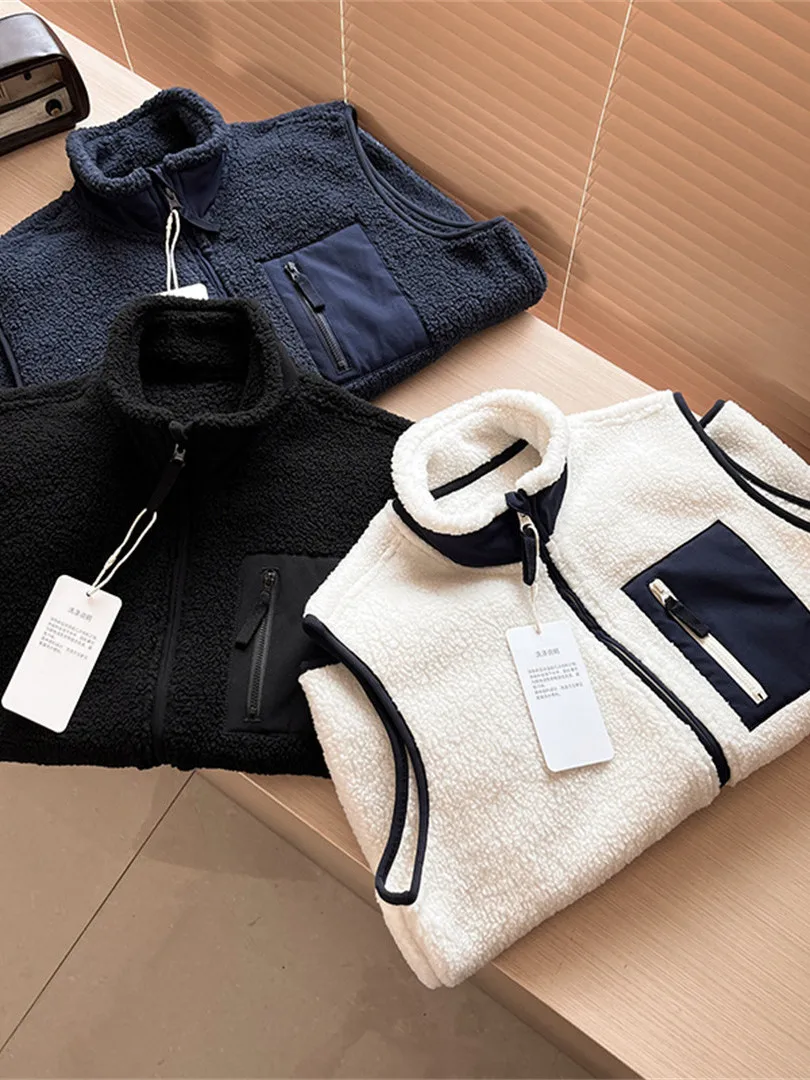 

Уличный мужской осенне-зимний бархатный жилет из искусственного ягненка на молнии с воротником-стойкой, теплый Fce Jaet, повседневный молодежный жилет стандартной посадки