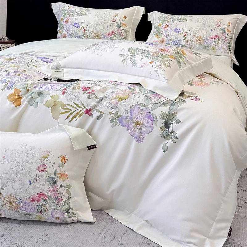 600TC Egyptian Cotton Luxury Botanical Floral Print Bedding Set 100% Cotton Duvet Cover Set Pillowcases Flat/Fitted Sheet 4Pcs