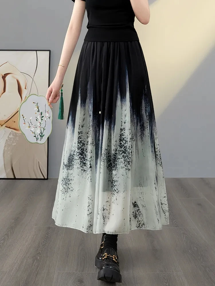 New Chinese style midi Skirt, 2024 Spring Summer Skirts,Casual Women's Clothing, Retro High Waist ink gradient Long Skirt,