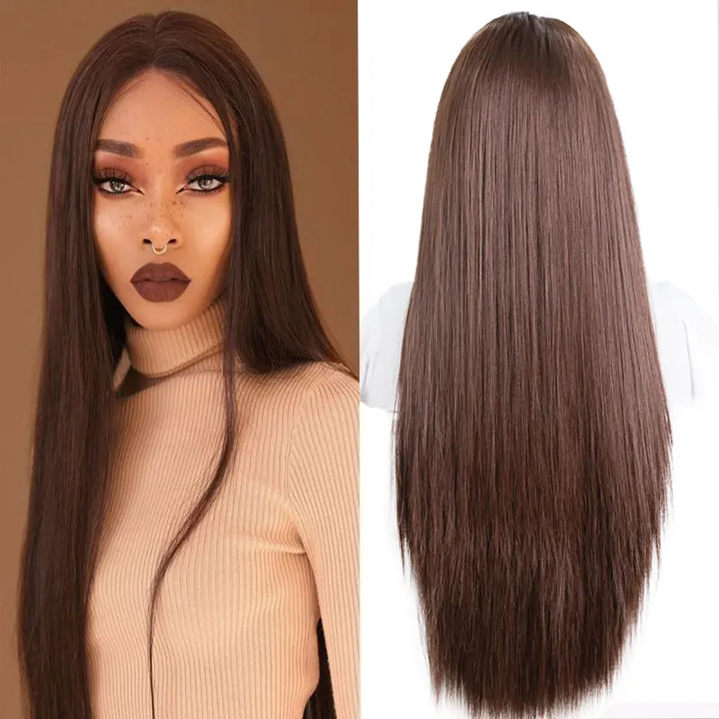 Chocolate Brown Straight Synthetic 13x4 Lace Front Wigs High Quality Heat Resistant Fiber Hair Natural Hairline For White Women