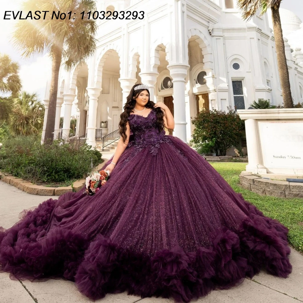 

EVLAST блестящее фиолетовое бальное платье на заказ, платье Quinceanera, кружевная аппликация, бисер, оборки, бант, сладкий 16, Vestidos De 15 Anos E1Q932