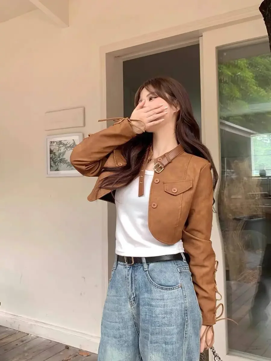 Cropped Jackets Women Maillard Moto Biker Retro American Style Spring Autumn Solid Criss-cross Fashion High Street Aesthetic