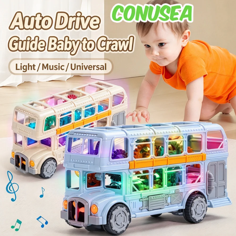 Electric Music Bus Car Baby Crawl Toys Universal Retro Bus Model with Music Light Gear Double-decker Bus Toys for Kids Children