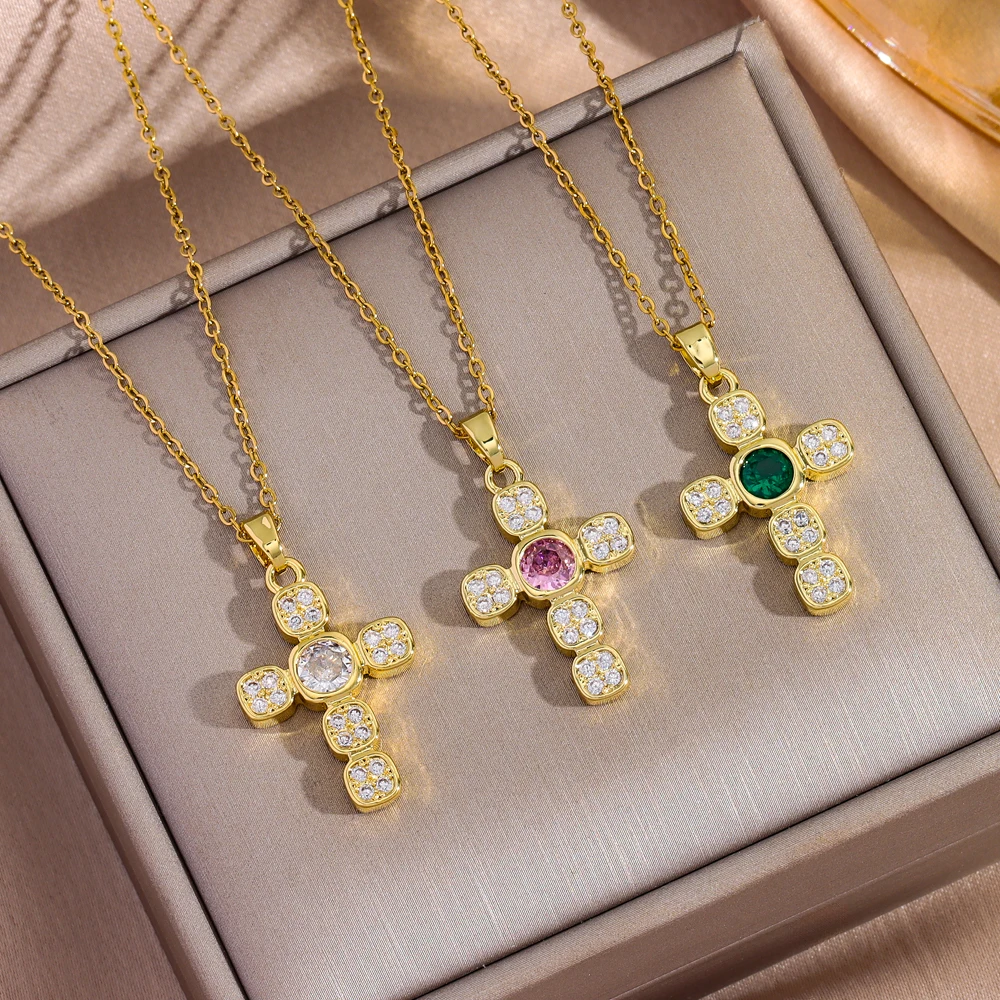 18 Karat vergoldet, 3 Farben, Zirkon-Kristall-Kreuz-Anhänger-Halsketten für Frauen, weiblich, tägliches Tragen, Edelstahl-Halskette, Schmuck