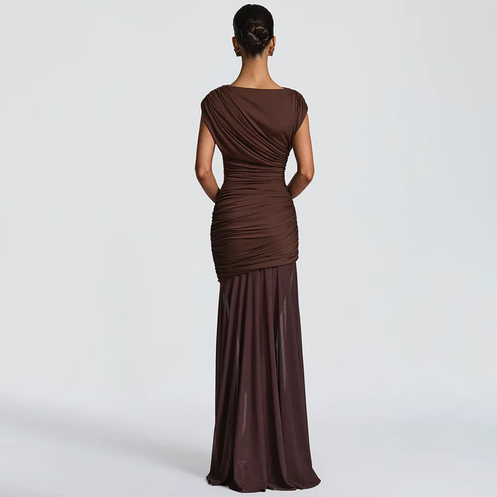 Robe Maxi élégante en maille Patchwork, sans manches, col rond, drapée, froncée, transparente, moulante, Sexy, tenues de fête