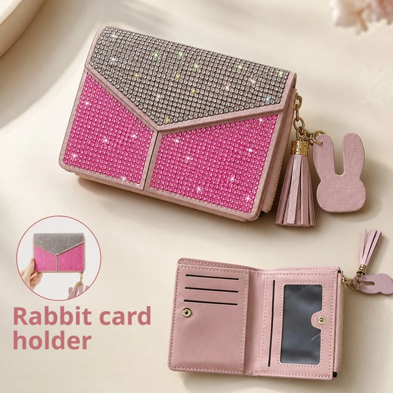 Luxury Rhinestone Short Wallet Tassel Charm Multi‑Slot PU Leather Coin Card Holder Christmas Present