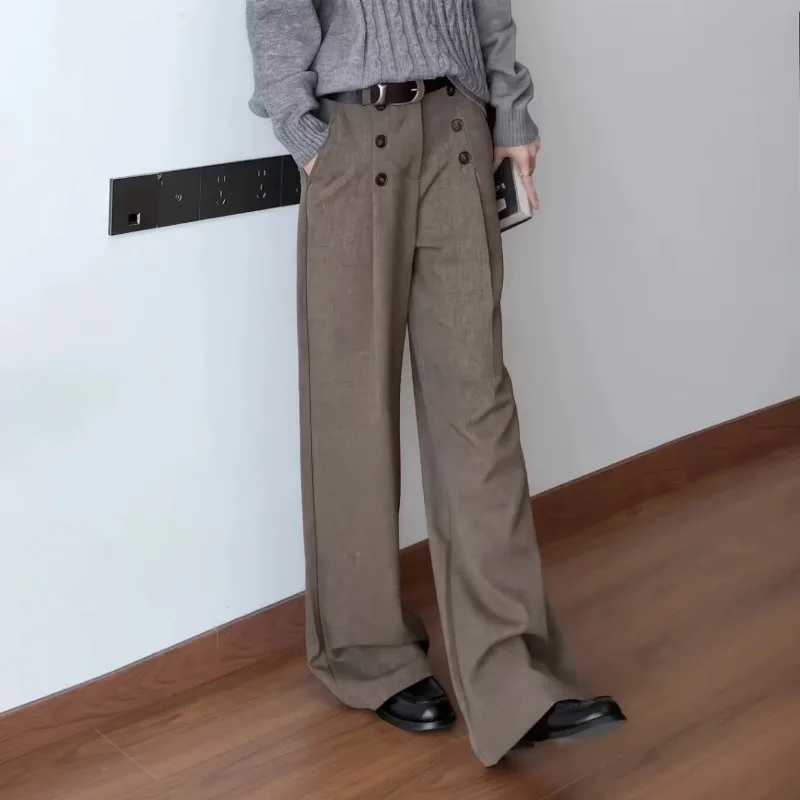 Men's Spring Autumn Brown Double Breasted Ruched Loose Suit Pants Drape Lazy Style Wide Leg Trousers Casual
