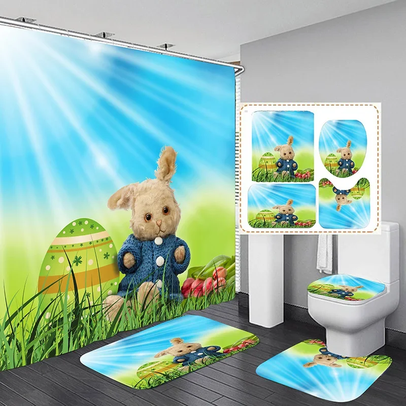 

Doll Rabbit Lawn Cartoon Shower Curtain Set Non-Slip Rugs Toilet Lid Cover Bath Mat Waterproof Bathroom for Kids