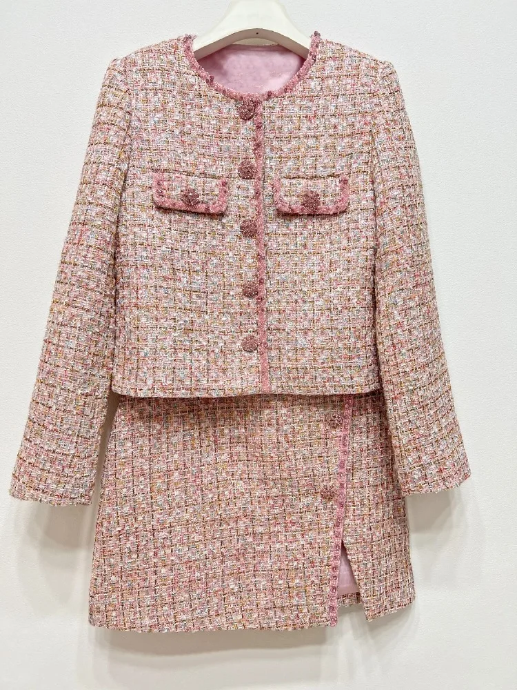 Quality Diamonds Pink Woolen Woven Tweed Two Piece Set Women Autumn Winter Short Dress Suits